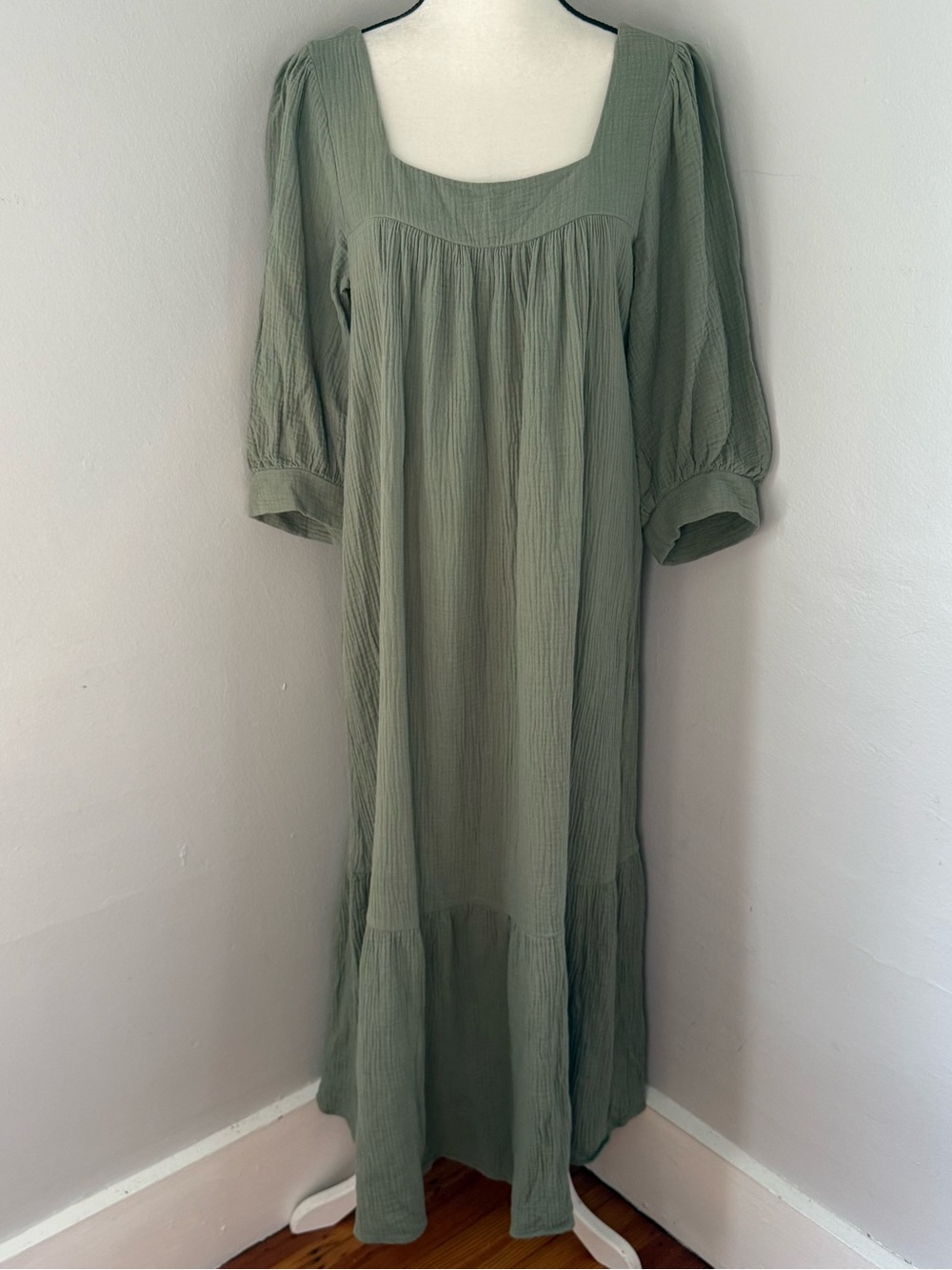 Christy Dawn Bianca Cotton Gauze Peasant Midi Dress Olive Green Large